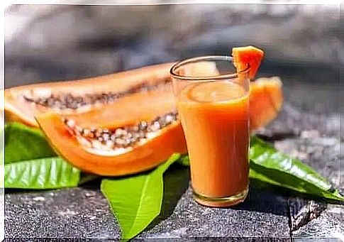 Slices of papaya and glass with smoothie