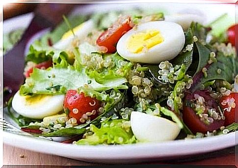 Tasty and healthy salad with eggs and asparagus